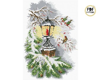 Christmas Lantern Cross Stitch Pattern: Winter Birds Embroidery (PDF Download)