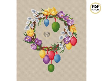 Easter Wreath Cross Stitch Pattern: Modern Floral Design (PDF)