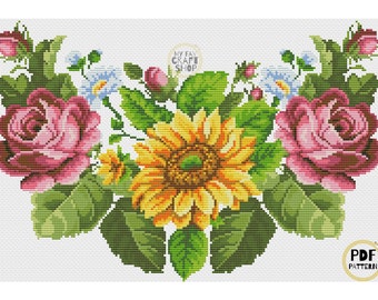 Roses Sunflower Cross Stitch Pattern: Vintage Floral Embroidery (PDF Download)