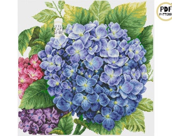 Hydrangea Pillow Cross Stitch Pattern: Modern Flower Needlepoint (PDF)