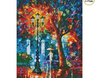 Autumn Rain Cross Stitch Pattern, Colorful Fall Embroidery (PDF)