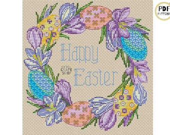 Happy Easter Wreath Cross Stitch PDF. Instant Download. Vintage Counted Cross Stitch. Spring Season Needlepoint. Embroidery Chart.