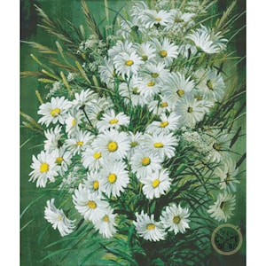 Madeliefjes kruissteek pdf. Direct downloaden. Getelde kruissteektabel. Bloem kruissteek. Modern borduurpatroon. Lentebloemenprint