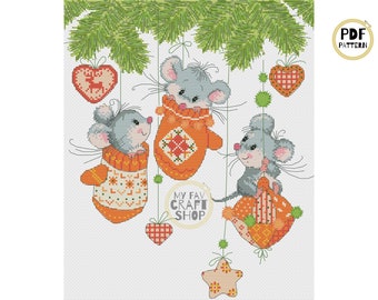 Christmas Mice Cross Stitch Pattern: Modern Embroidery (PDF Download)