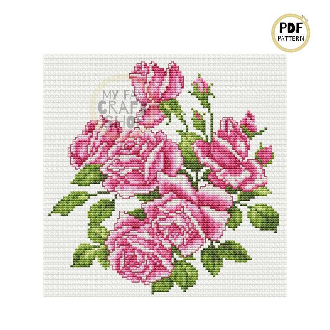 Pink Roses Cross Stitch Pattern, Modern Flower Embroidery (PDF Pattern ...