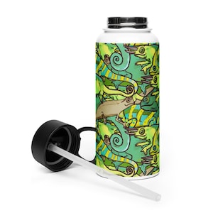 Chamäleon Wasserflasche, Edelstahl Wasserflasche mit Strohdeckel, Geschenk, Reptilienhalter, Herpetologe, Zoowärter