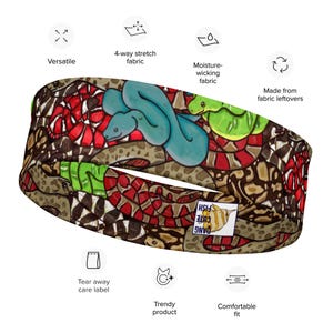 May include: A brown headband with a colourful snake print. The headband is made from recycled fabric and is comfortable to wear. It is also moisture-wicking and has a 4-way stretch.