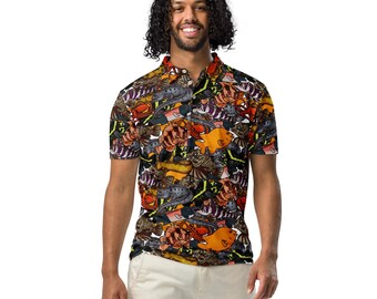 Polo ajustado Pacific Northwest, polo ajustado para hombre, Garibaldi, anguila lobo, pez roca, GPO, acuarista, acuario, pez, pozas de marea, PNW