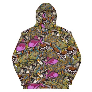 May include: A colorful hoodie with a pattern of various fish, including pink, blue, yellow, and green fish. The hoodie has a drawstring hood and a zipper closure.
