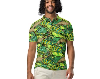 Polo de camaleón de corte ajustado, polo de corte ajustado para hombre, regalo de reptil, herpetólogo, jacksons, hoja, velada, camisa