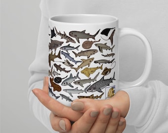 Shark and Ray Mug, Elasmobranch Mug, White glossy mug, Gift, Aquarist, Marine Biology, Sharks of the world
