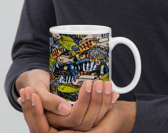 Cichlid Mug, Cichlid Coffee Cup, Cichlid Gift, Freshwater Fish, Cichlid Aquarium, White glossy mug
