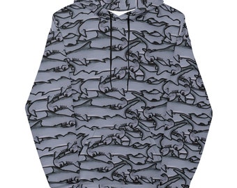 May include: A gray hoodie with a repeating pattern of black hammerhead sharks. The sharks are all facing the same direction and are arranged in a staggered pattern.
