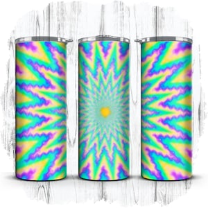 May include: Three stainless steel tumblers with a colorful psychedelic pattern. The pattern features a swirling design of yellow, blue, green, and purple.