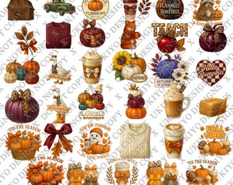May include: A digital collection of 36 fall-themed PNG graphics featuring pumpkins, autumn leaves, cozy sweaters, coffee cups, farm animals, and seasonal text like 'Fall Vibes' and 'Hello Pumpkin'. The set includes various illustrations for seasonal projects.
