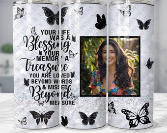 Butterfly Memorial Tumbler Wrap Template • Loss of Loved One (Canva Editable)