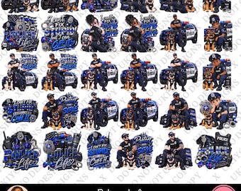 May include: A digital collection of 30 graphic designs featuring police officers, K9 German Shepherd dogs, police cruisers, badges, handcuffs, and text elements like Police Life, Protect and Serve, and I Can't Fix Stupid but I Can Cuff It.