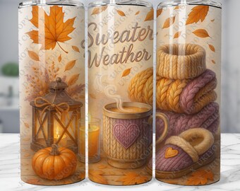 Sweater Weather Fall 20oz Tumbler Wrap PNG Bundle | Cozy Autumn Sublimation Designs with Mugs, Candles, Pumpkins, Leaves & Knitted Textures