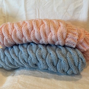 Handmade Cable Knit Baby Blanket, Pink, Blue and Gray