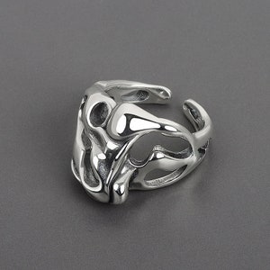 Grunge Punk 925 Sterling Silver Adjustable Ring, Abstract Rings, Wavy Jewelry, Modern Y2K Cyberpunk Ring, Drippy Liquid Silver Jewelry