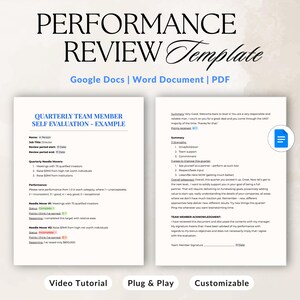May include: A performance review template in a digital document format. The document includes sections for self-evaluation, quarterly goals, and performance summaries. The template is available in Google Docs, Word, and PDF formats.