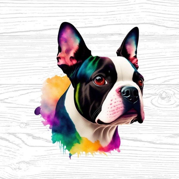 Boston Terrier Dog PNG JPG Digital Download High Quality Files Watercolors Portrait Clipart Image Sublimation Design Commercial Use