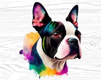 Boston Terrier Dog PNG JPG Digital Download High Quality Files Watercolors Portrait Clipart Image Sublimation Design Commercial Use