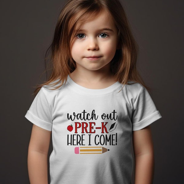 Watch Out Pre-K Here I Come T-Shirt, Funny Unisex Pre K Shirt, Kids' First Day of School Tee, Back to School Outfit for Girls or Boys