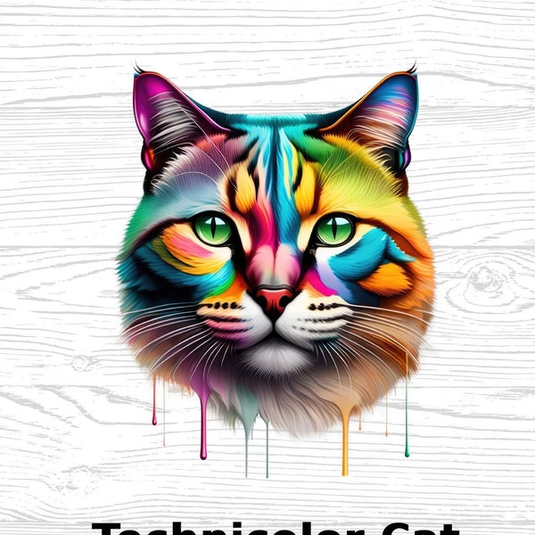 Cat Digital Download Technicolor High Quality PNG JPG, Cat Lover Wall Art, Portrait Clipart Sublimation Design Download For Commercial Use