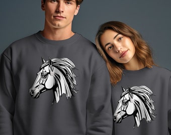 May include: Two gray sweatshirts with a white horse head graphic print. The horse is facing left and has a flowing mane.