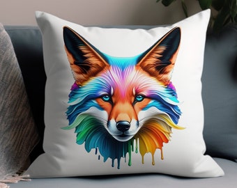 May include: A colorful fox head with dripping paint, a vibrant and abstract design on a white pillow.