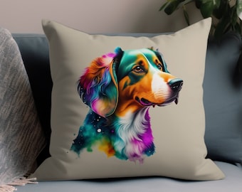 May include: A colorful illustration of a dog's head with a rainbow-colored fur pattern. The dog has brown eyes and a white nose. The background is a light beige color.