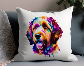 May include: A colorful, abstract painting of a dog's head. The dog has brown fur and is painted in shades of pink, blue, green, yellow, and orange. The painting is on a white background.