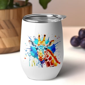 Premium Insulated Wine Tumbler - 12 Oz Stainless Steel Cup with Lid - Giraffe Lover, Sip in the Serene Company of Majestic Giraffes!