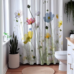 Boho Shower Curtain Wild Flowers, Bathroom Bohemian Decor, Cute Shower Curtains Floral Gothic Shower Curtain Vivid Color Home Decor 71x74 in image 1