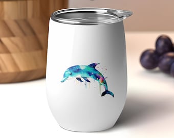 Dolphin Lover's Isolerade Vinglas - 340 ml rostfritt stålmugg med lock - Smutta i sällskap med graciösa delfiner!