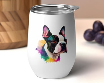 Premium isolierter Weinbecher - 12 Unzen Edelstahlbecher mit Deckel - Boston Terrier Liebhaber, Schluck in der Gesellschaft von spielerischer Eleganz!