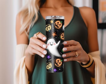 Ghost and Friends 20oz Skinny Tumbler W Straw Cup Trendy Gift Unique for Her Him and Anyone Seeking a Unique Tumbler During Halloween Season