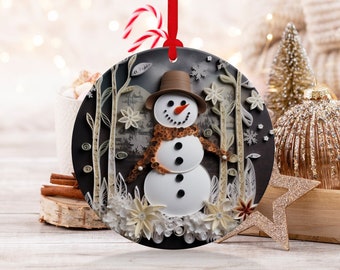 Snowman Ornament, Round Ceramic Christmas Xmas Tree Decor, 2D Flat Image That Looks 3D, Snowman Christmas Gift For Family Holiday Tree Decor