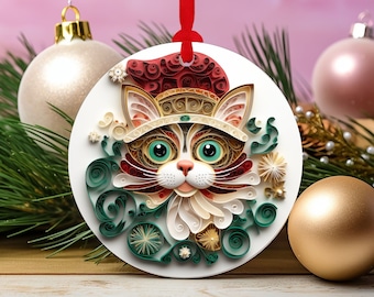 Cat Round Ceramic Christmas Ornament, Cute Xmas Tree Decor, 2D Flat Image That Looks 3D, Cat Christmas Gift For Family, Holiday Tree Decor