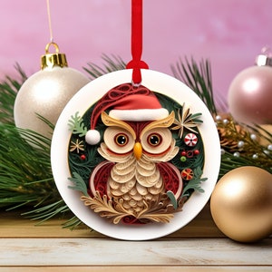 Owl Christmas Ornament, Cute Round Ceramic Xmas Tree Decor, 2D Flat Image That Looks 3D, Owl Christmas Gift For Family, Holiday Tree Decor