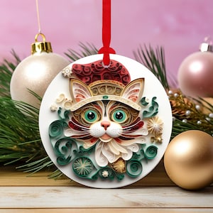 Cat Round Ceramic Christmas Ornament, Cute Xmas Tree Decor, 2D Flat Image That Looks 3D, Cat Christmas Gift For Family, Holiday Tree Decor