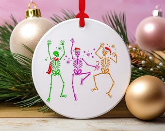 Christmas Dancing Skeletons Round Ceramic Christmas Ornament, Xmas Tree Decor, Trendy Gift For Family And Friends, Fun Gift For Tree Decor