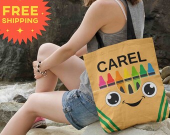 Gepersonaliseerde Crayon Tote Bag Canvas Esthetische Totebag, Fun Preppy Oversized Leraar Tas Schouderriem Handtas Cadeau voor Leraar School Tote