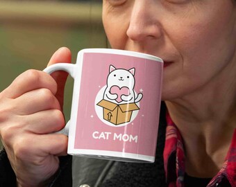 Kawaii Taza Cute Color Rosada Mama Gatos Lindos de Cerámica 11oz Regalo para Ella