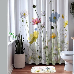 Boho Shower Curtain Wild Flowers, Bathroom Bohemian Decor, Cute Shower Curtains Floral Gothic Shower Curtain Vivid Color Home Decor 71x74 in
