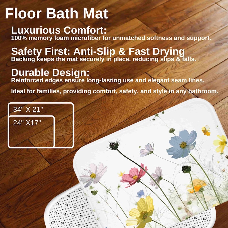 May include: White bath mat with a floral design featuring pink, yellow, and blue flowers. The mat has a textured backing and is available in two sizes: 86 cm by 53 cm and 61 cm by 43 cm.