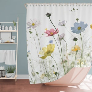 Boho Shower Curtain Wild Flowers, Bathroom Bohemian Decor, Cute Shower Curtains Floral Gothic Shower Curtain Vivid Color Home Decor 71x74 in image 5