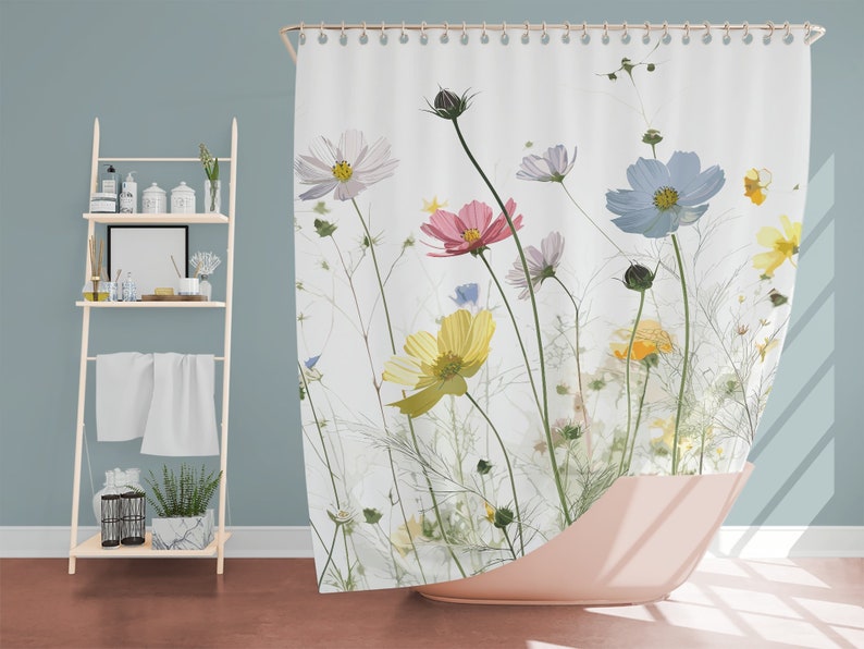 Boho Shower Curtain Wild Flowers, Bathroom Bohemian Decor, Cute Shower Curtains Floral Gothic Shower Curtain Vivid Color Home Decor 71x74 in image 5