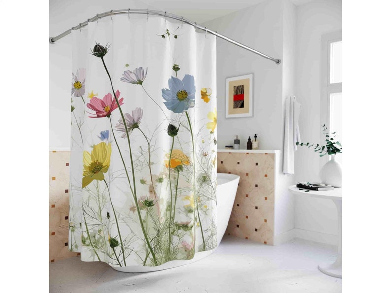 Boho Shower Curtain Wild Flowers, Bathroom Bohemian Decor, Cute Shower Curtains Floral Gothic Shower Curtain Vivid Color Home Decor 71x74 in image 2